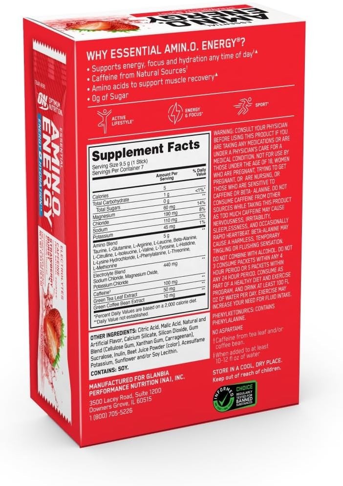 Essential Amino Energy + Electrolytes Powder – Strawberry Burst Sticks, 7 Pack