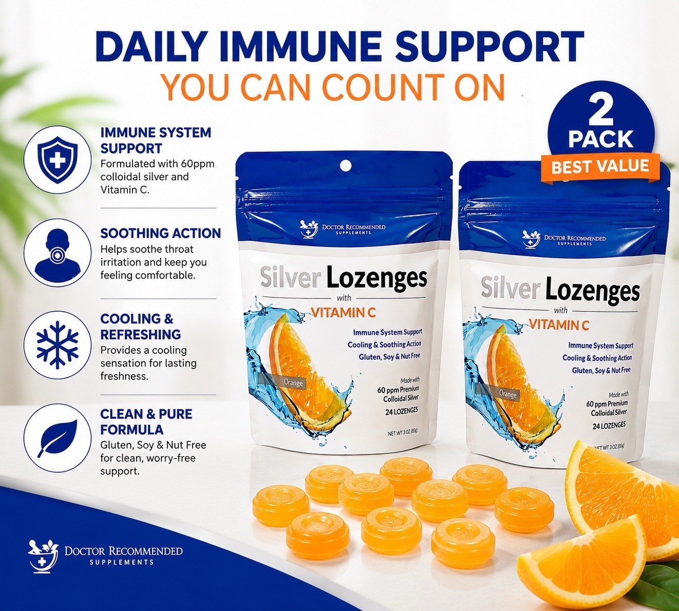 Silver Lozenges with Vitamin C – Premium nano Silver 60PPM Colloidal ✅Duo Pack