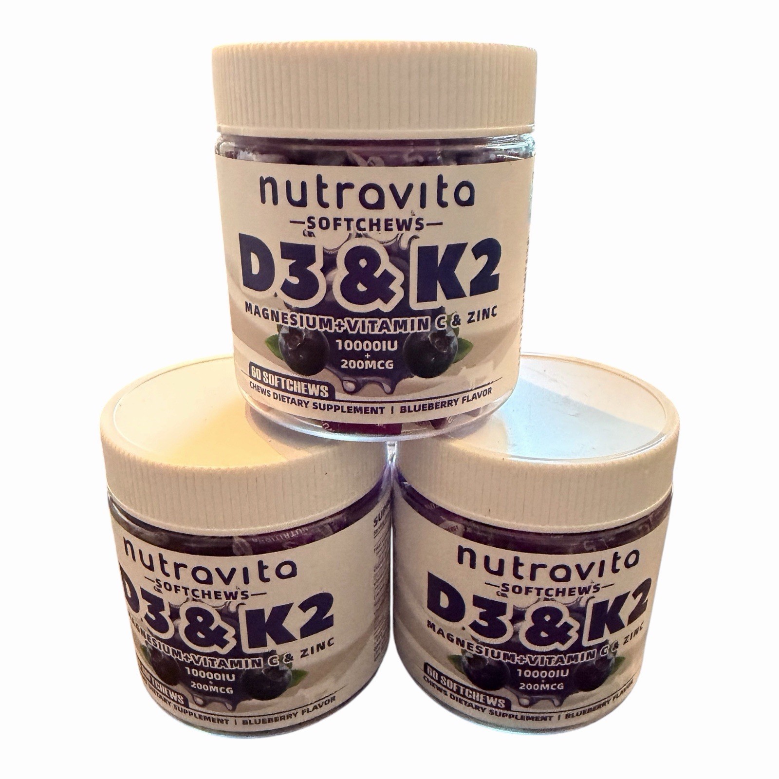 3 Pack – Nutravita Sugar-Free Vitamin D3 & K2 Chews 180 Count-Blueberry Exp 3/27