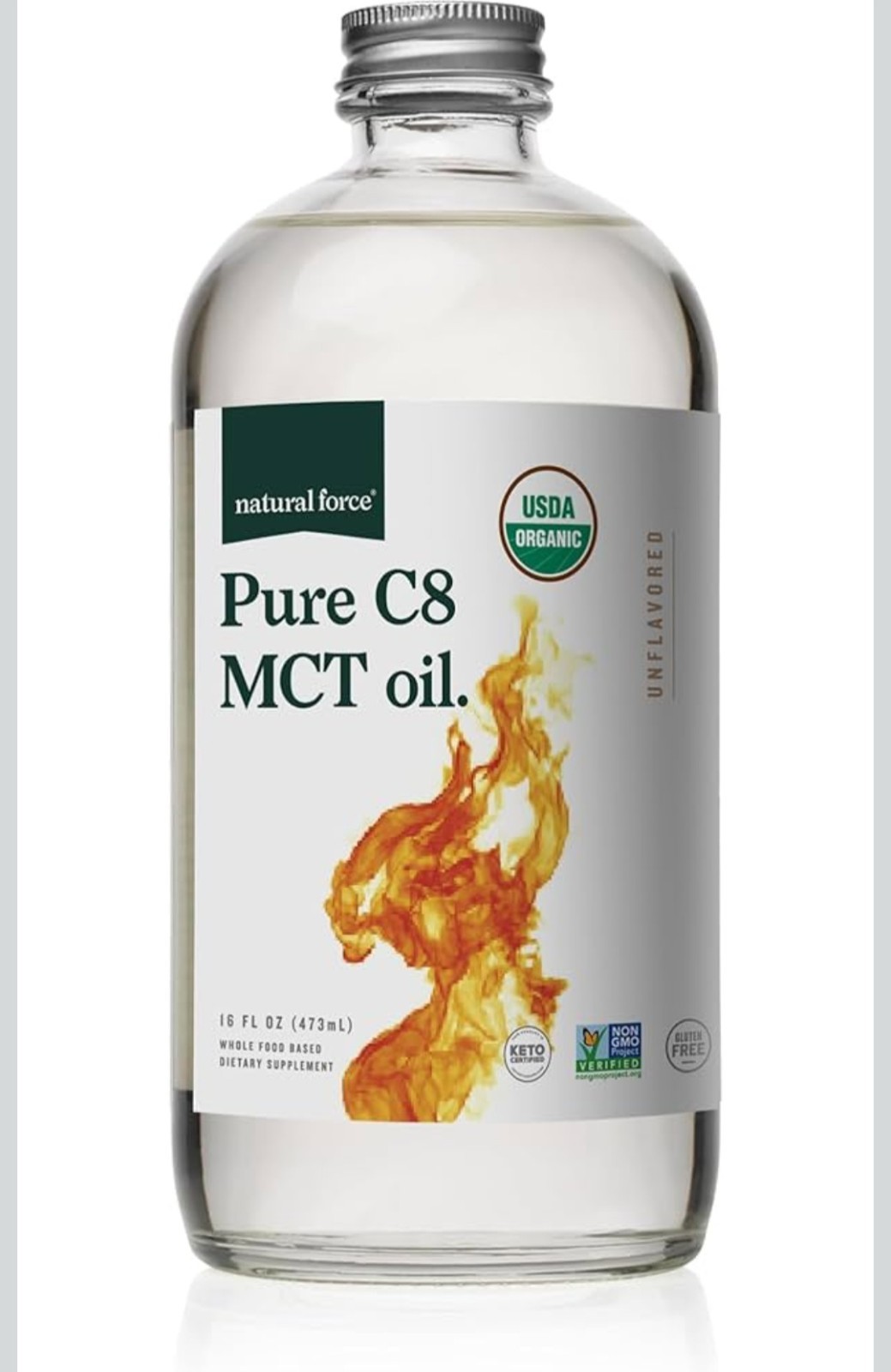 Natural Force Organic Pure C8 MCT Oil – Liquid MCT Oil in Glass Bottle, 16 Ounce