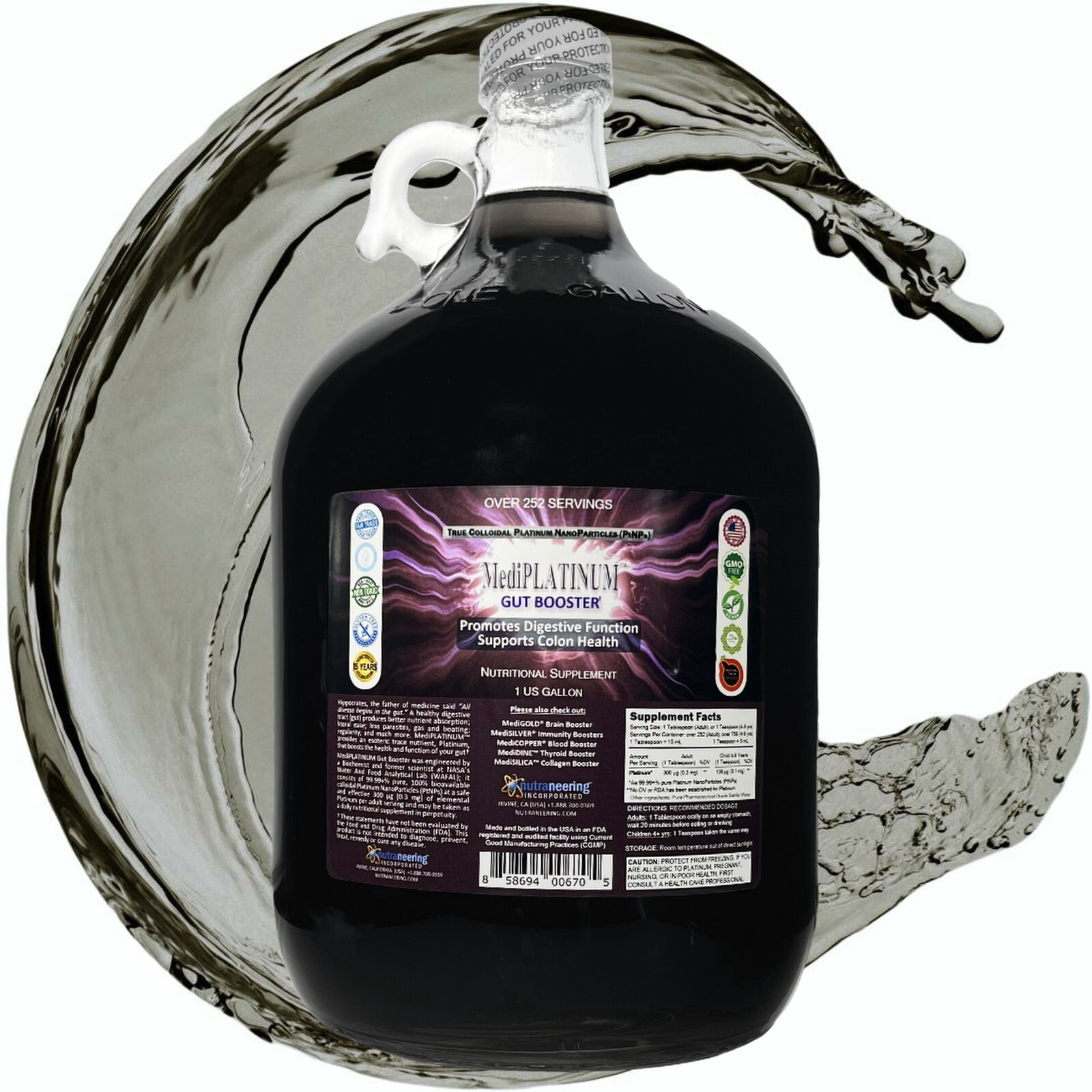MediPLATINUM™ Gut Booster True Colloidal Platinum PtNP Nutrient: 1 Gal – Glass