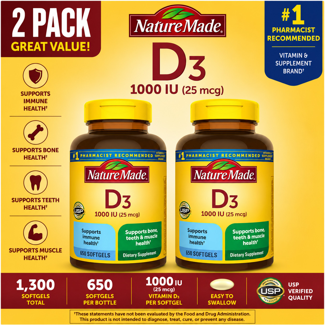 2 Pack Nature Made Vitamin D3 25 mcg. 1000 IU 650 Softgels