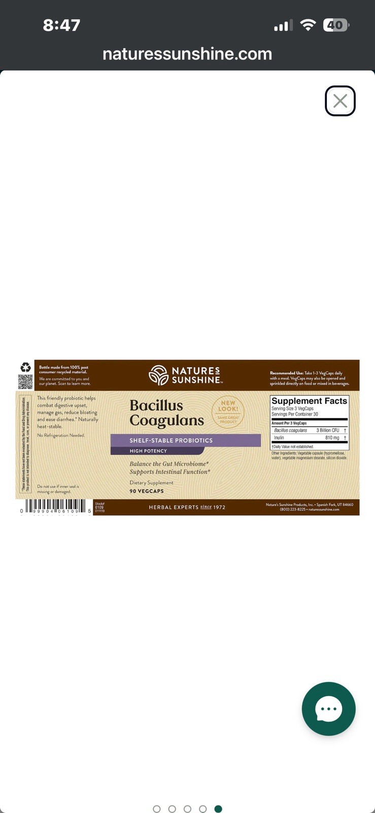 Nature’s Sunshine Bacillus Coagulans – Probiotic Support 90 Veg Caps NEW/ SEALED