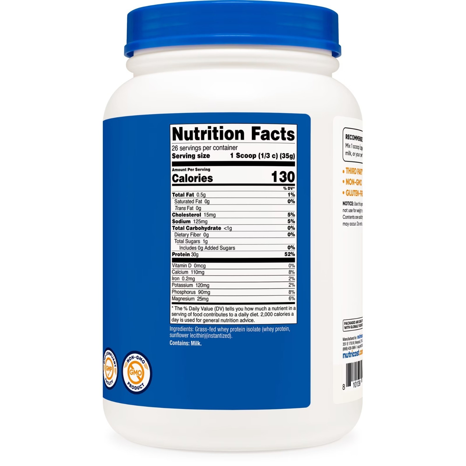 Nutricost Grass-Fed Whey Protein Isolate (Unflavored) 2LBS – Free SHIPPING!!!
