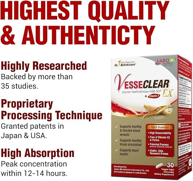LABO Nutrition VesseCLEAR EX: Nattokinase NSK-SD+Elastin 30 Count (Pack of 3)