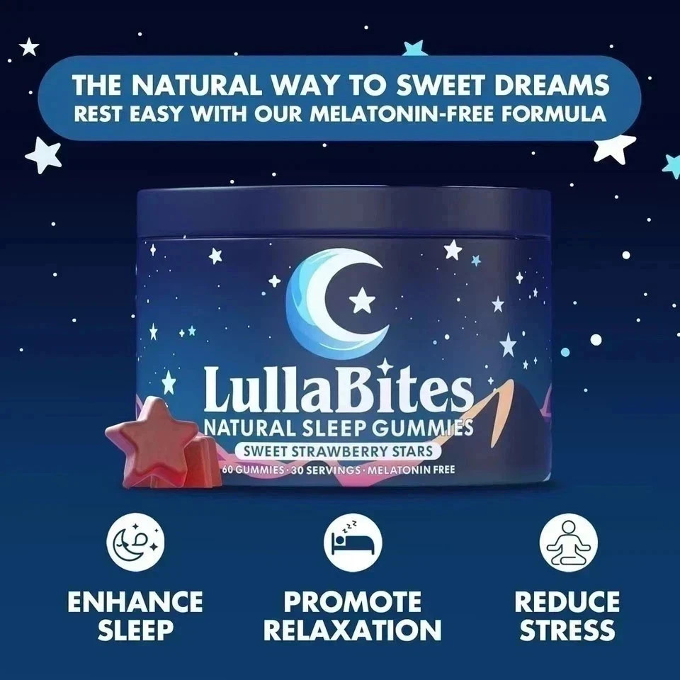 LullaBites Strawberry Stars Sleep Gummies Melatonin Free 60ct Made in USA