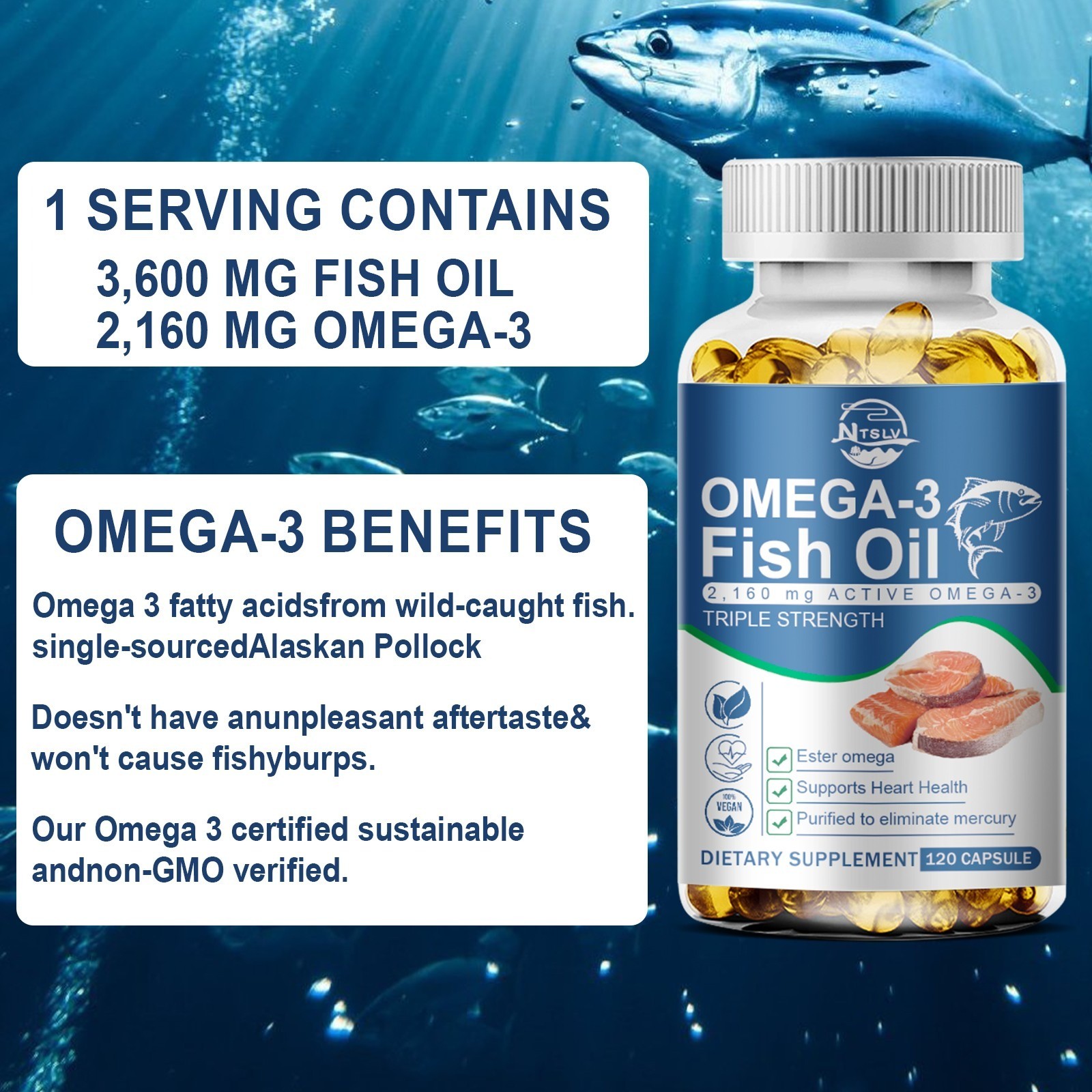 120 Capsules Omega 3 Fish Oil 2160mg DHA and EPA High Strength Pills