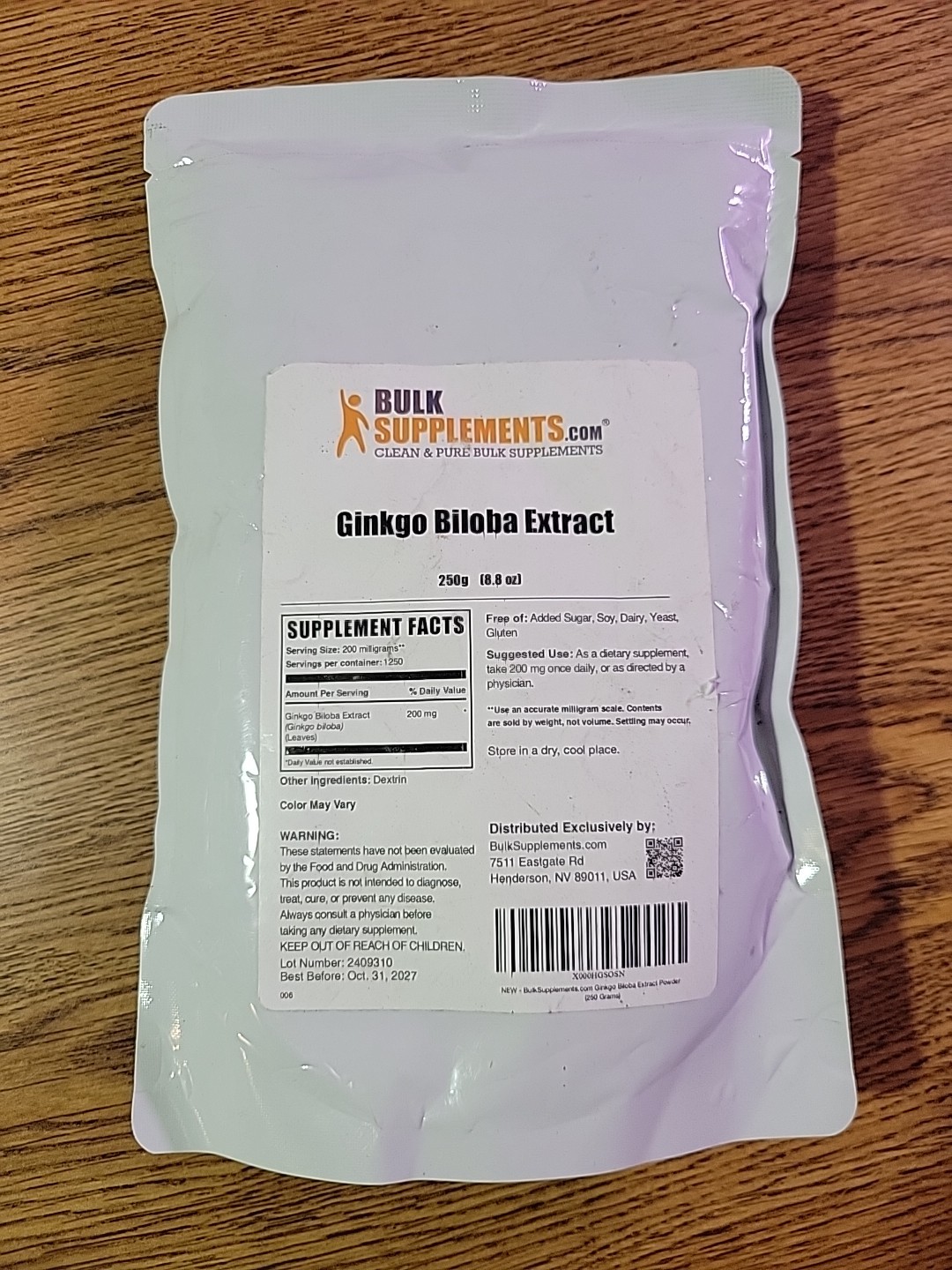 BulkSupplements Ginkgo Biloba Extract Powder – 200 mg per Serving