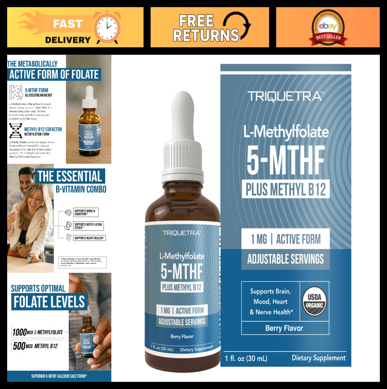 Organic Methyl Folate 1000mcg + Methyl B12 Liquid Drops – Mood & Cognition Boost