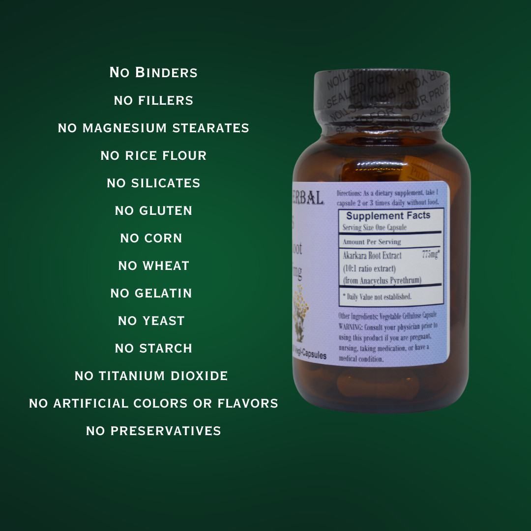 Akarkara 10:1 Extract (Anacyclus Pyrethrum) Stearate Free, Bottled in Glass!