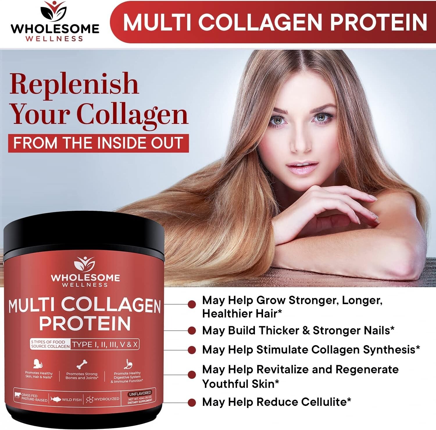 Multi Collagen Protein Powder Hydrolyzed (Type I II III V X), Joint Health,16 Oz