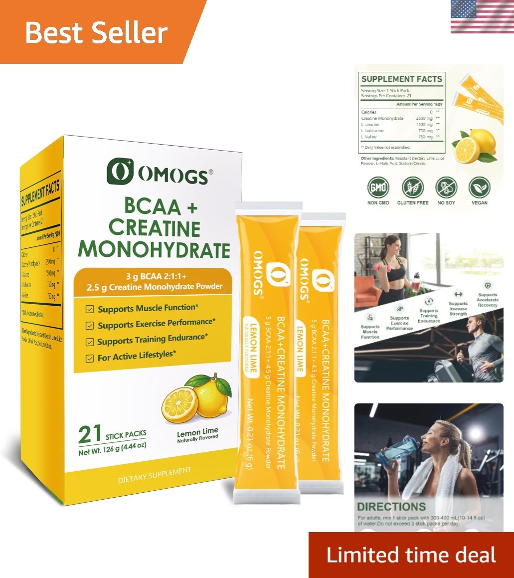 Natural Lemon Flavored Creatine Monohydrate + BCAA, 3.2 oz for Energy & Recovery