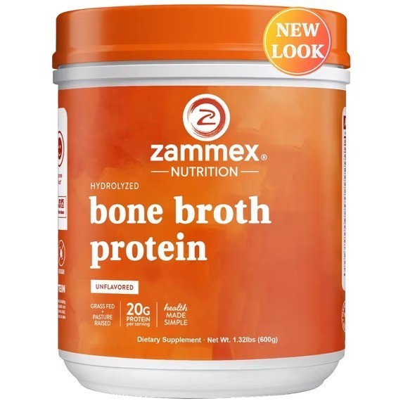 Zammex Grass Fed Bone Broth Powder, 1.32lb, 20g Protein Hydrolyzed Peptides