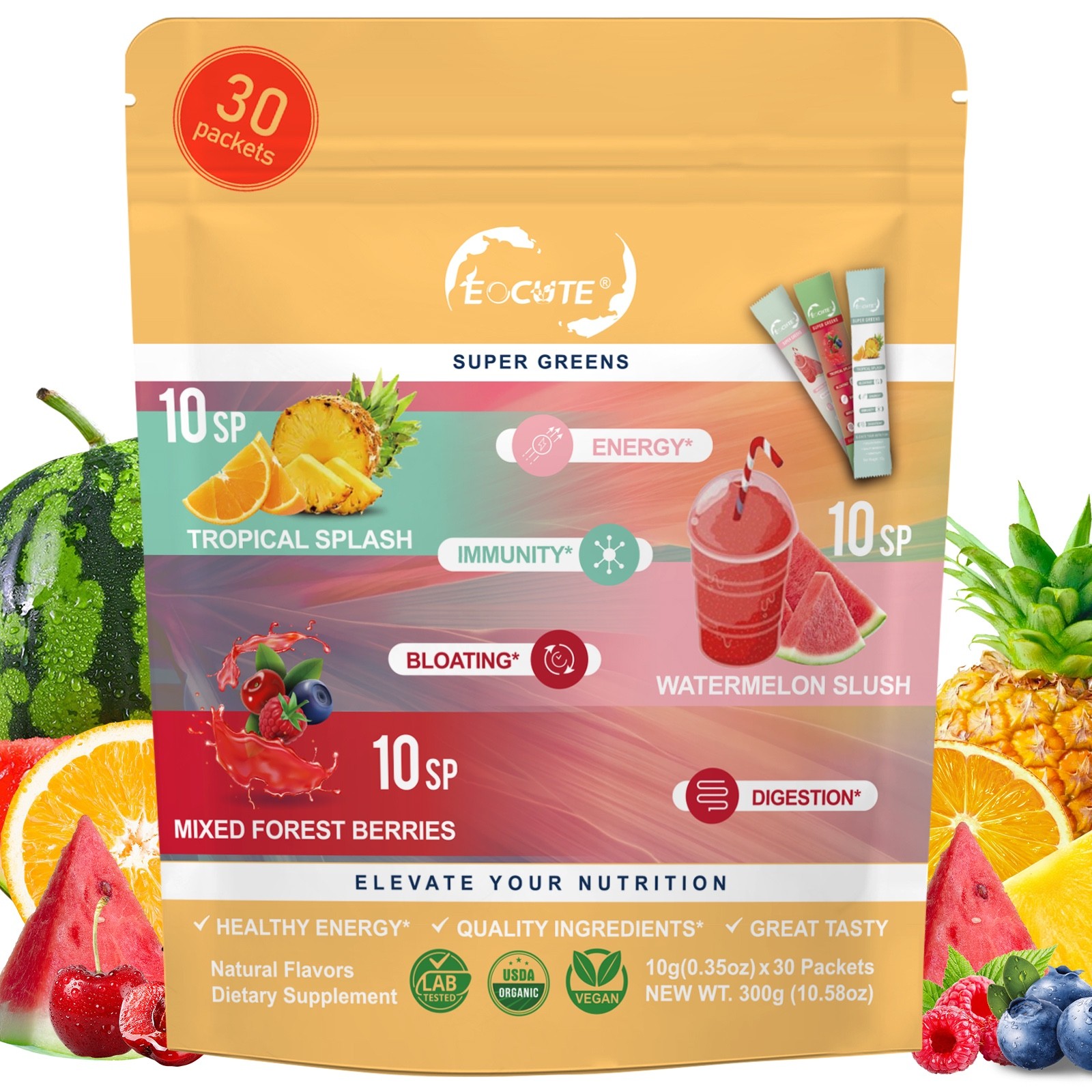 Super Greens Powder Reduce Bloat Digestive Health & More 3 flavors-30 packets US