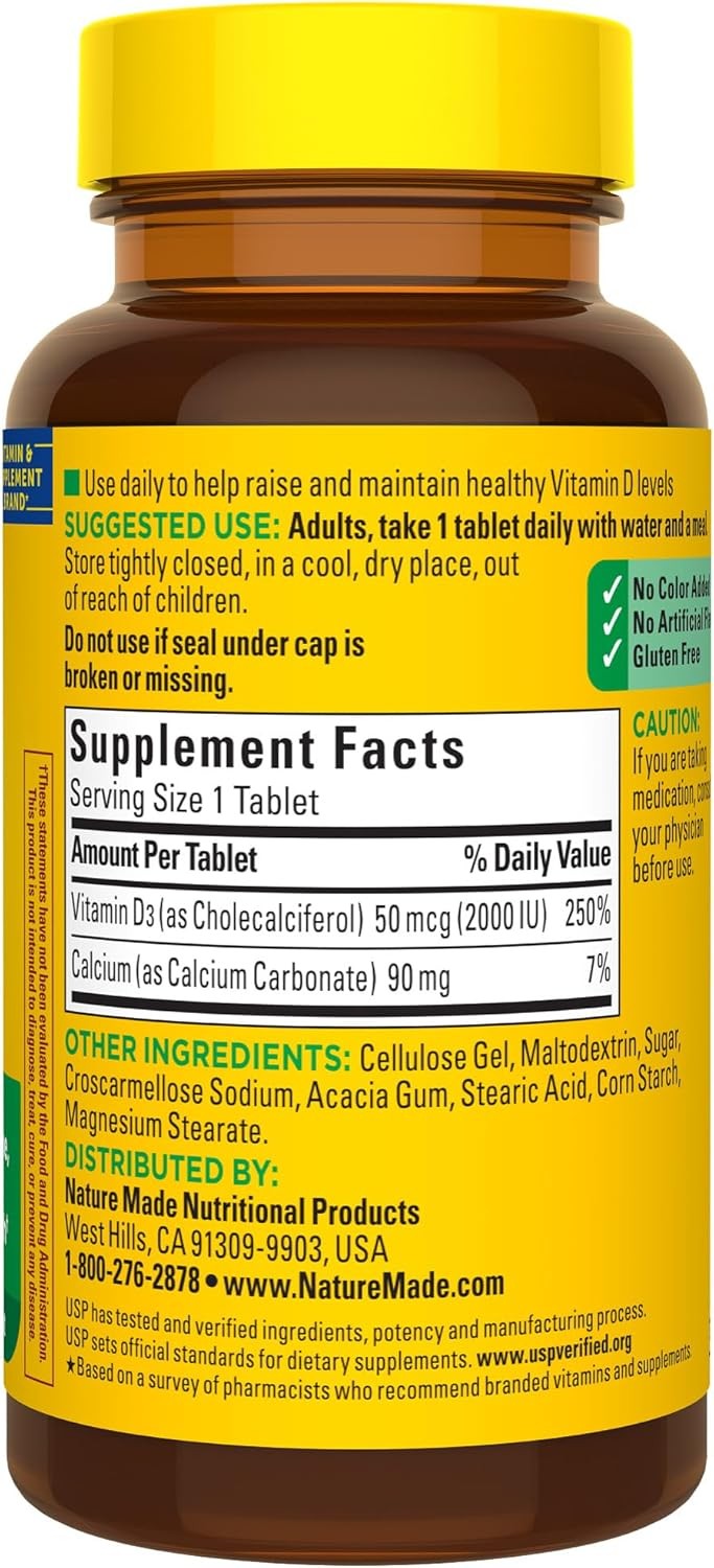 Nature Made Vitamin D3 2000 IU (50 mcg), Vitamin D Supplement for Bone, Teeth, M