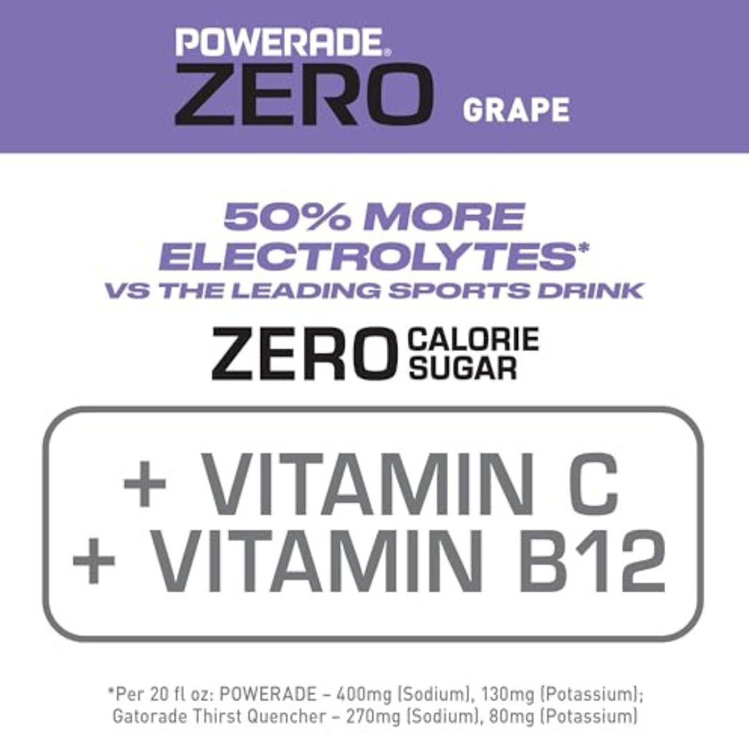 POWERADE Electrolyte Enhanced Zero Sugar Grape Sports Drink, 20 Ounce (Pack of 8