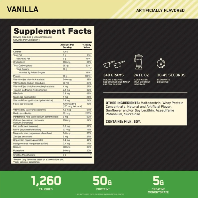 Optimum Nutrition Serious Mass Weight Gainer, Vanilla, 3 lb