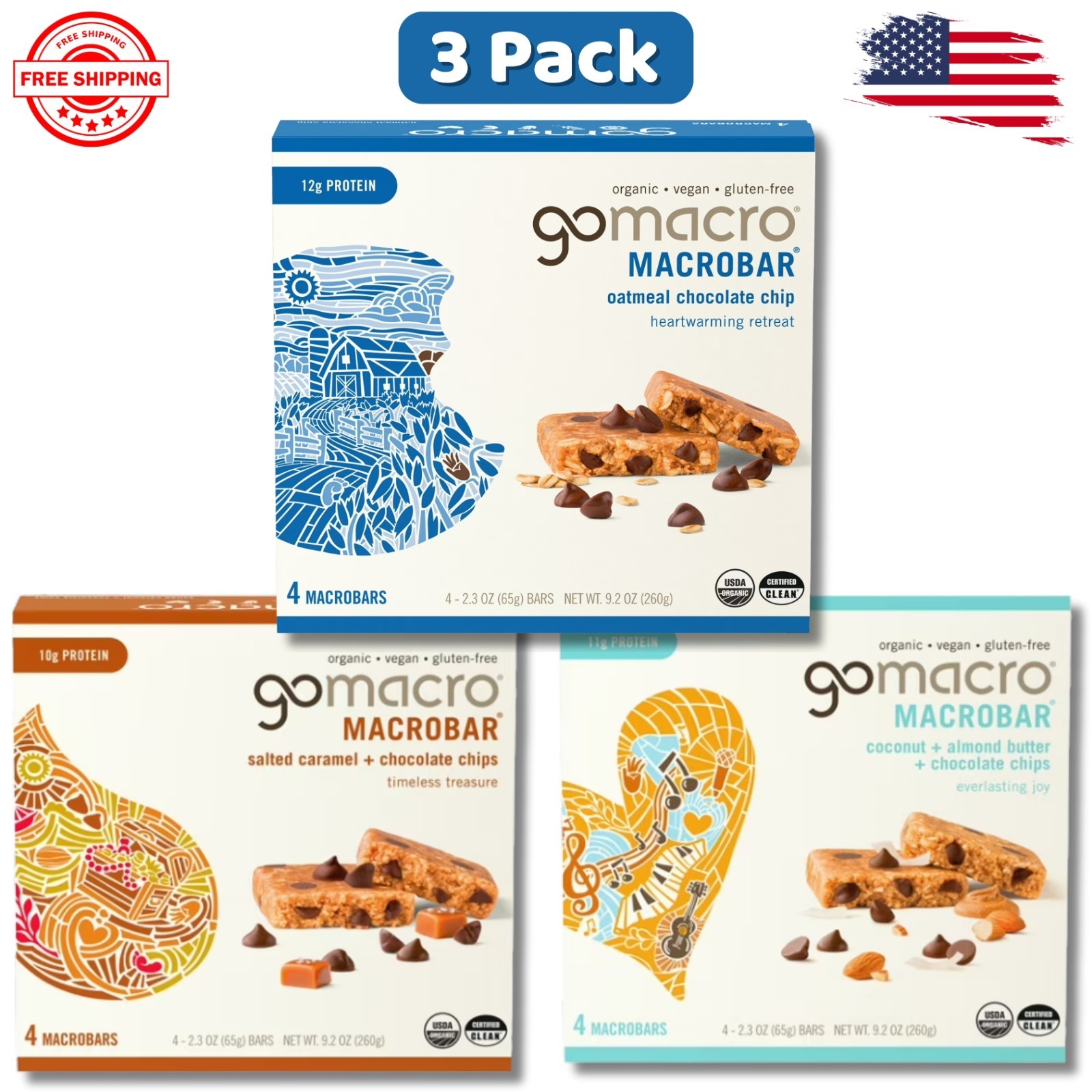 GoMacro Organic Vegan Protein Bars – Variety Pack Chocolate Chip 2.3oz 12 Ct