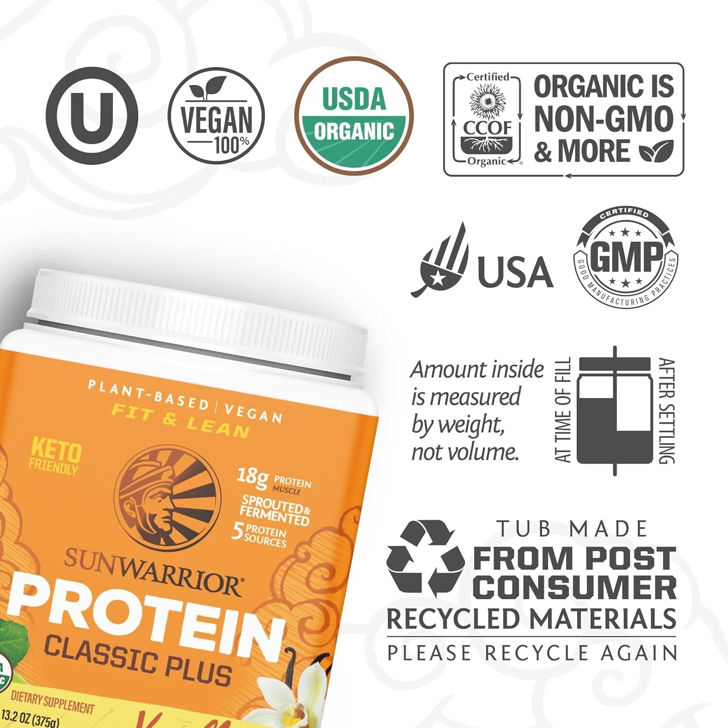 Sunwarrior Organic Classic Plus Vanilla Protein Powder, Vanilla 13.2 oz