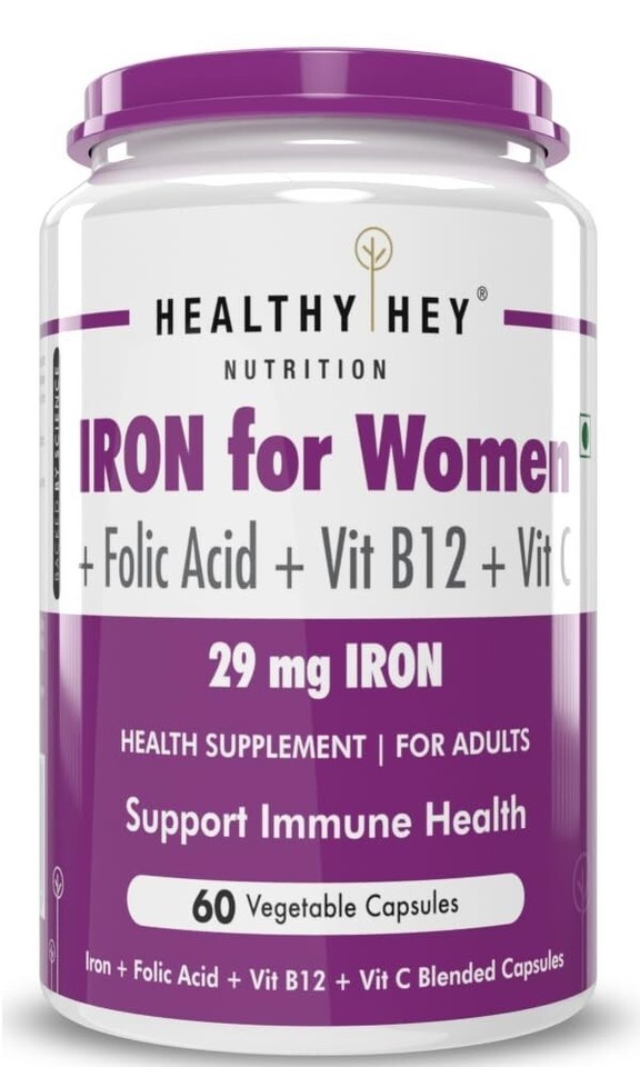 HealthyHey Iron Supplement for Women 100% Chelated With Vitamin B12 – 60 Caps