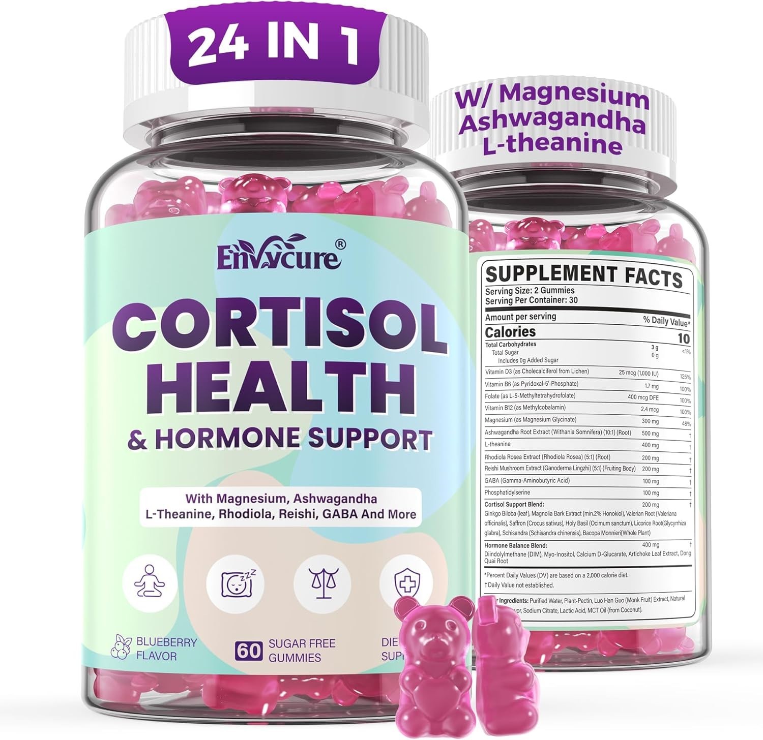 (2 Pack) Cortisol Gummies for Calm, Mood, Focus & Stress – Blueberry Flavor 60ct