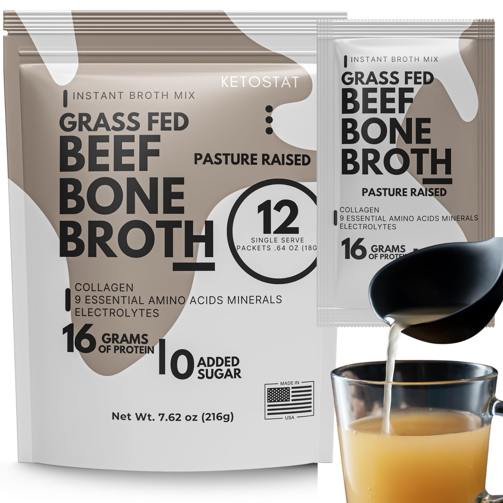 Ketostat Bone Broth Protein Powder Packets, Grass-Fed 0.64 Ounce (Pack of 12)