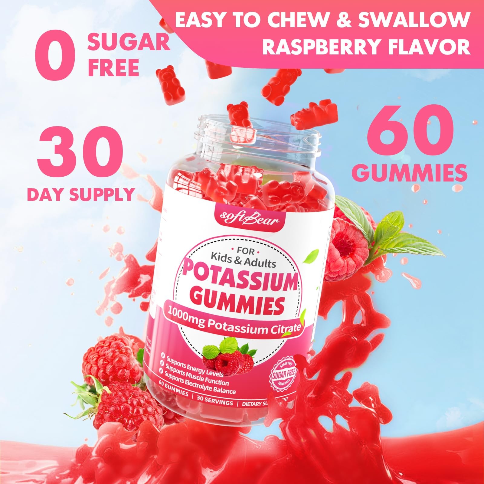 Potassium Citrate 1000mg Gummies – Suagr Free 60 Count (Pack of 1)