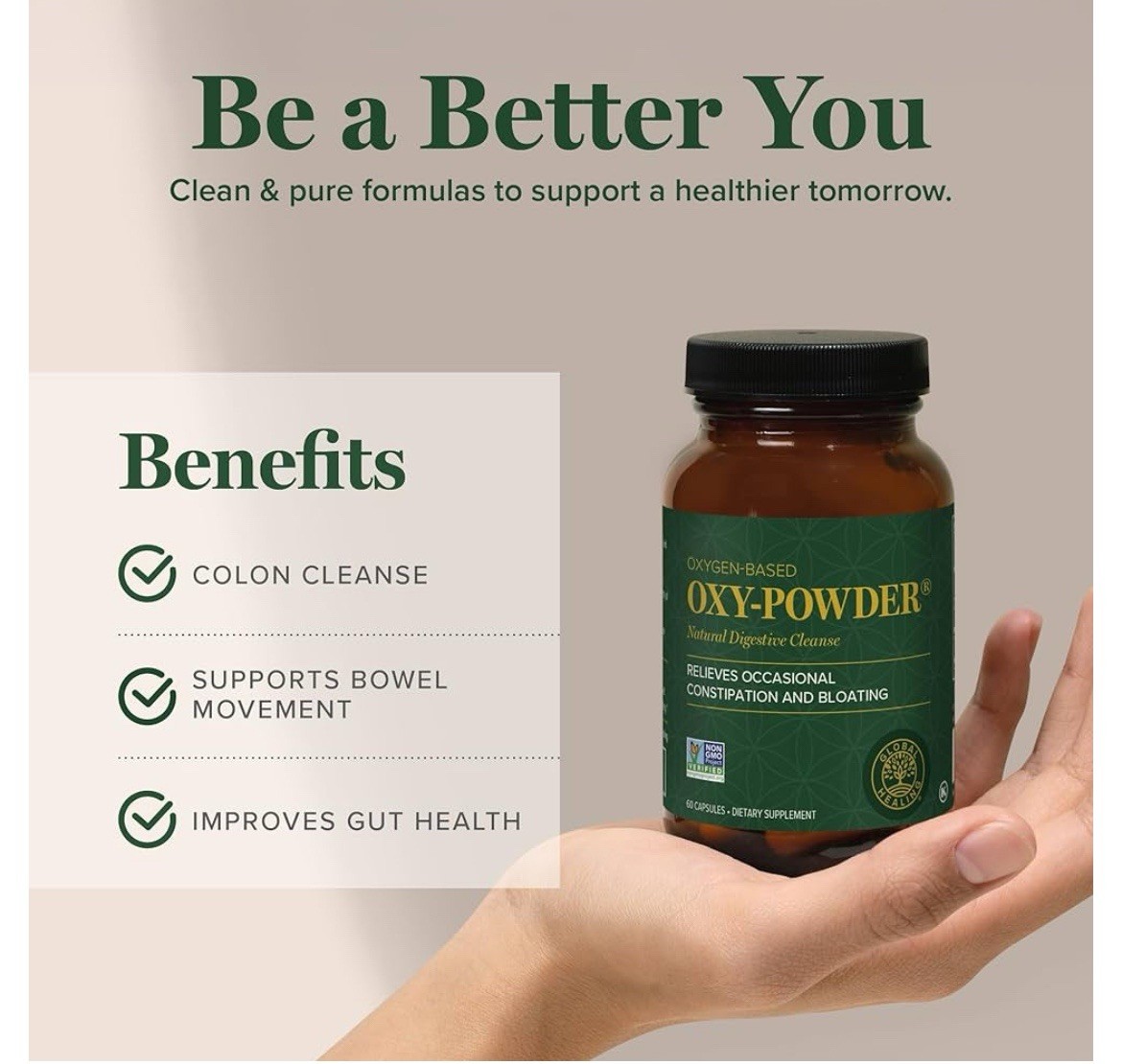 Global Healing Center Oxy Powder Oxygen Based Safe Natural Colon Cleanse 60 Caps
