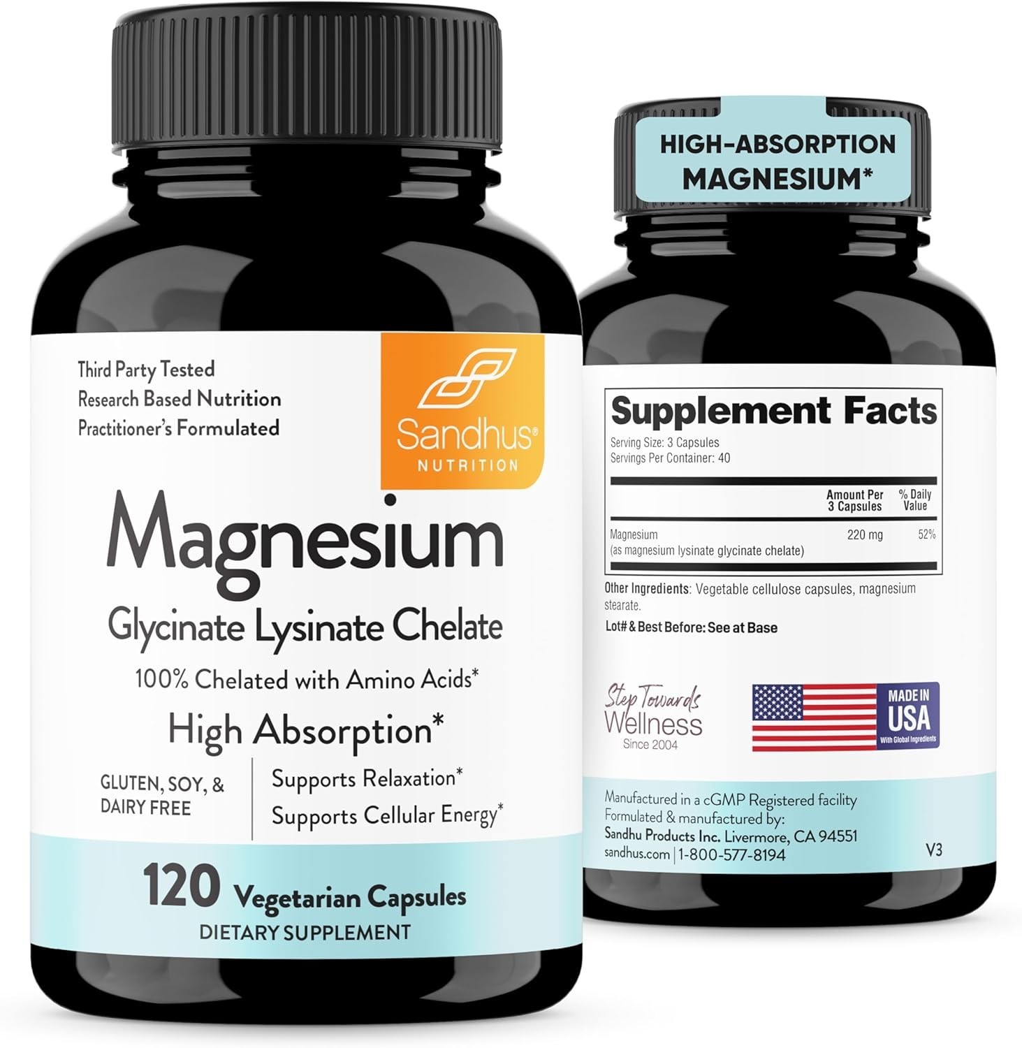 Sandhus Magnesium Glycinate Lysinate | 120 Easy to Swallow Chelated Vegan Cap…