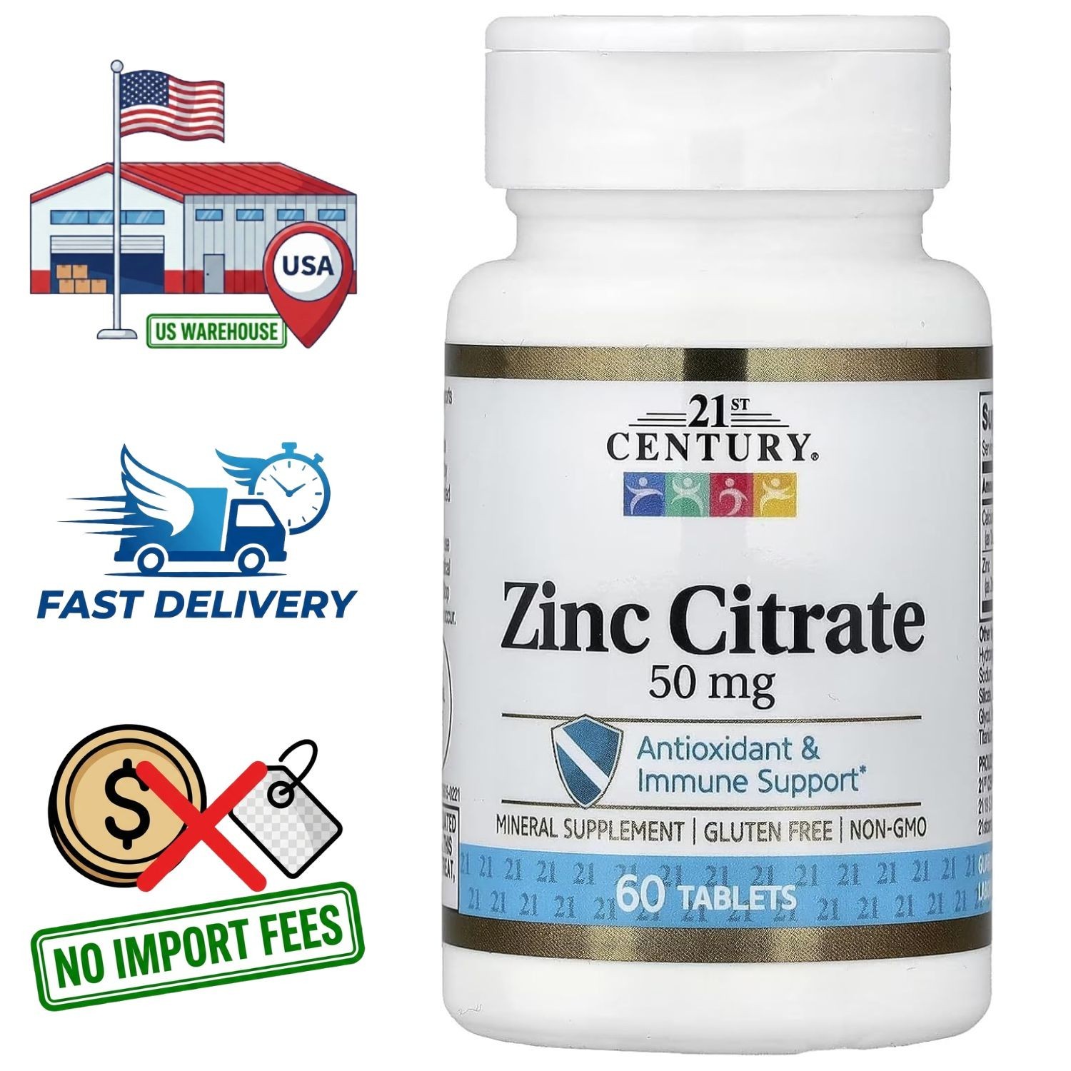 Zinc Citrato 50mg con Calcio | 60 Tabletas | Suministro para 2 Meses