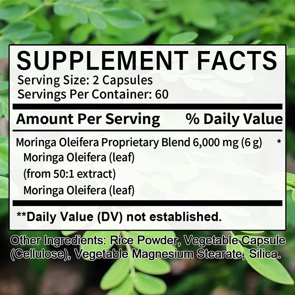 Moringa Oleifera Capsules | 6000mg | 120 Count | from Leaf Extract | Non-GMO