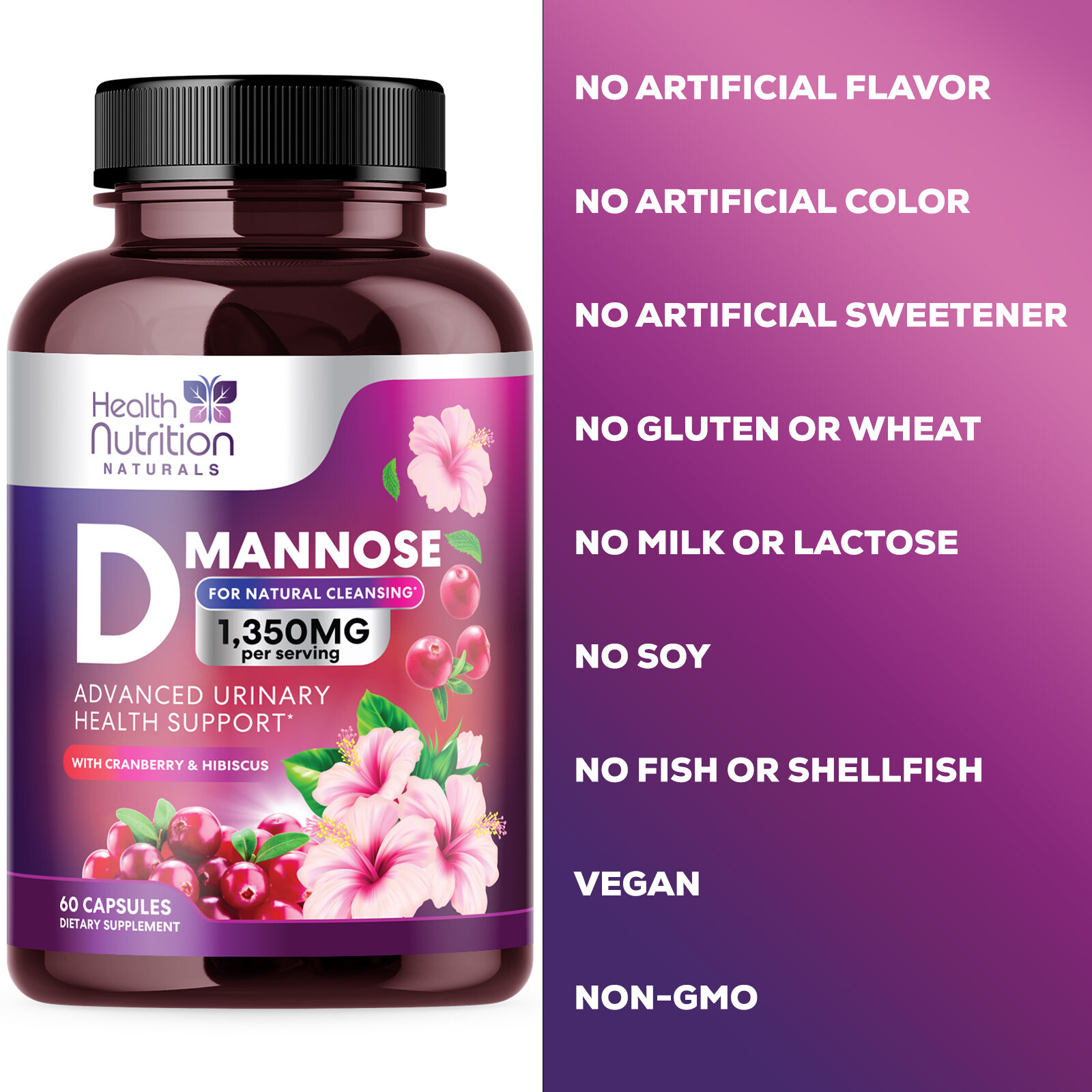 D-Mannose Capsules 1350mg with Cranberry UTI Support & Cleanse, Bladder Health