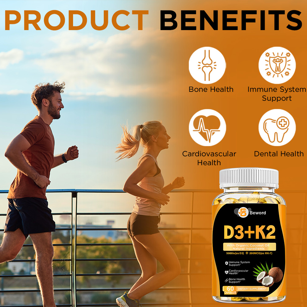 Vitamin D3 5000 IU + K2 200mcg 60 Capsules Extra Strength D3 K2 Supplements