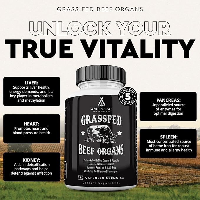 Ancestral Supplements Grass Fed Beef Organ Supplement – Non-GMO, 180 Capsules