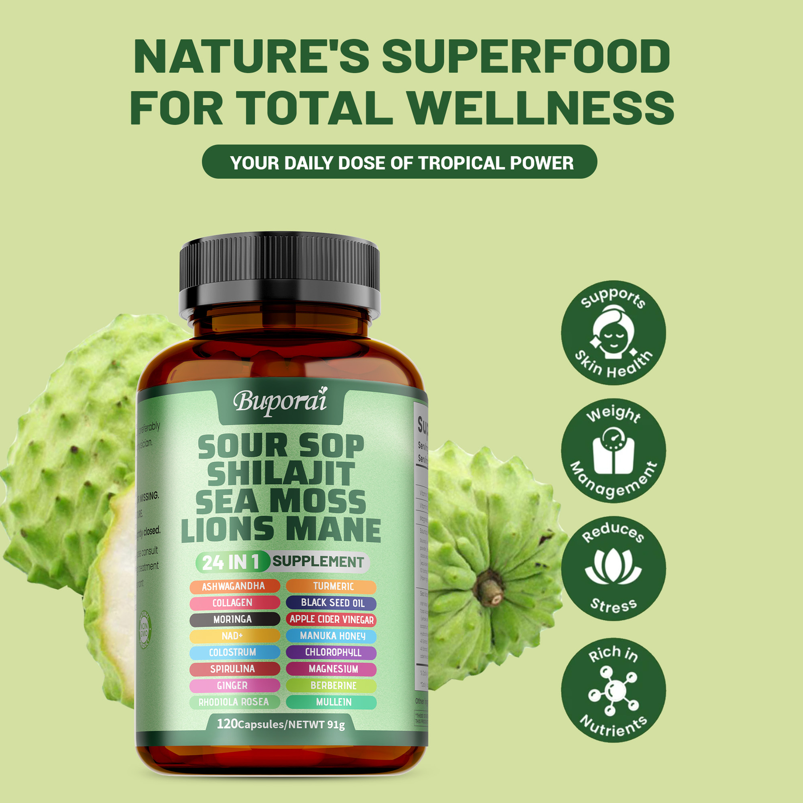 24-in-1 Soursop Shilajit Sea Moss Lion’s Mane – Antioxidants, Joint, Skin Health