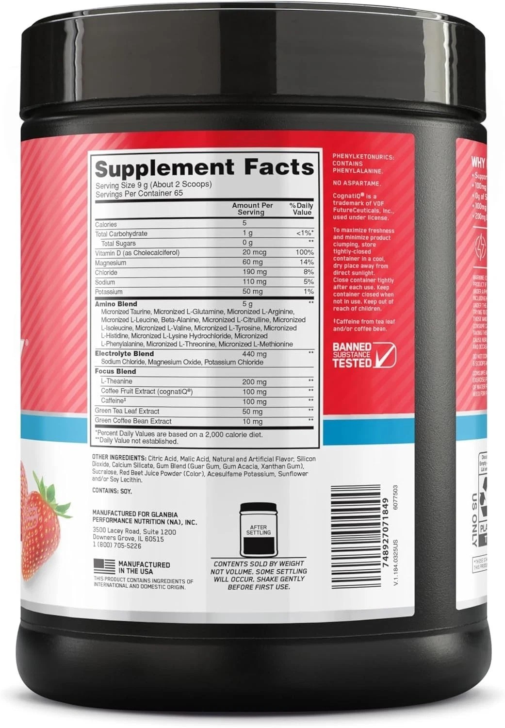 Amino Energy Powder Plus Focus, with BCAA, Electrolytes, and Caffeine, Strawb…