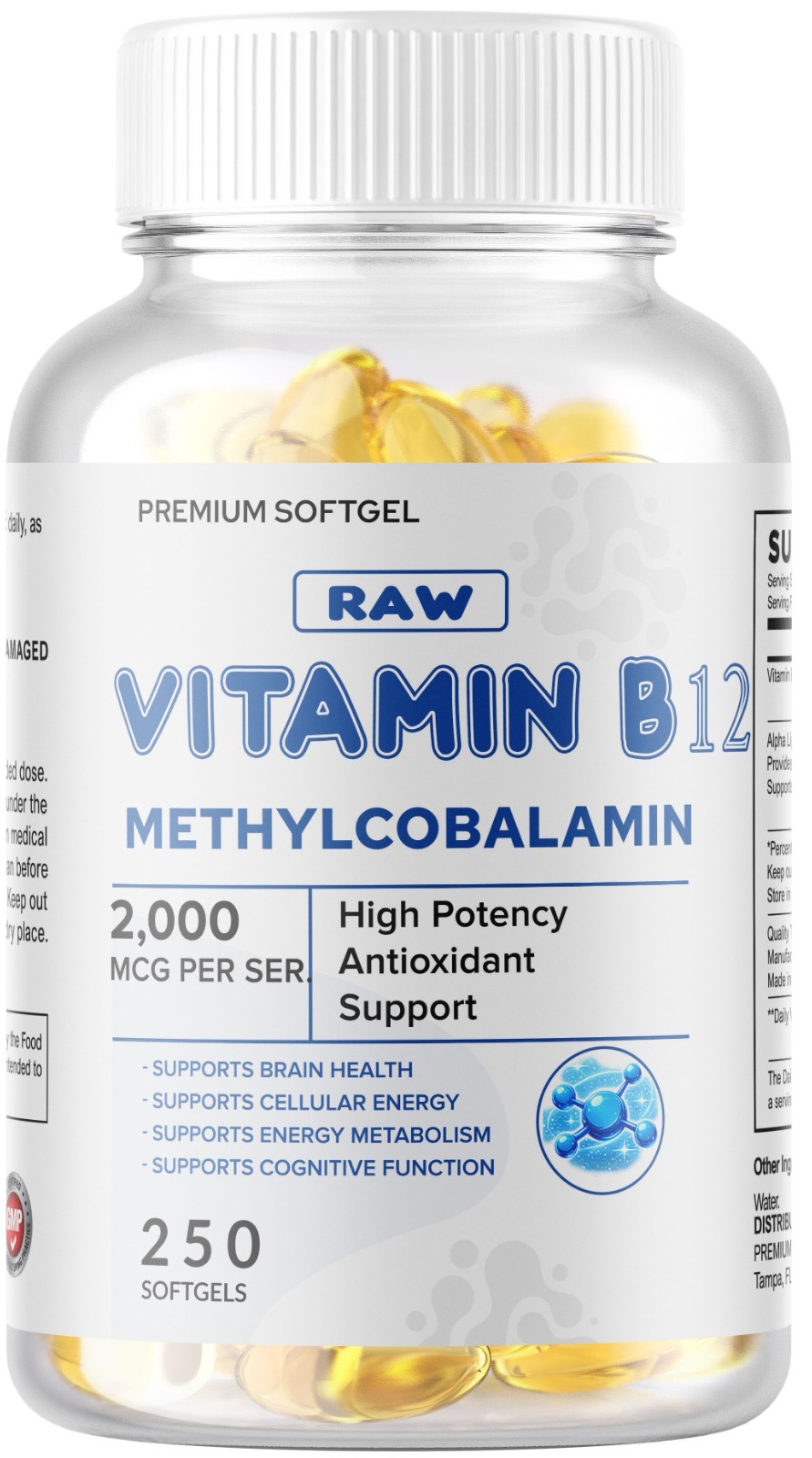 Vitamin B12 (Methylcobalamin) 2000mcg, 250 Softgels NON-GMO USA
