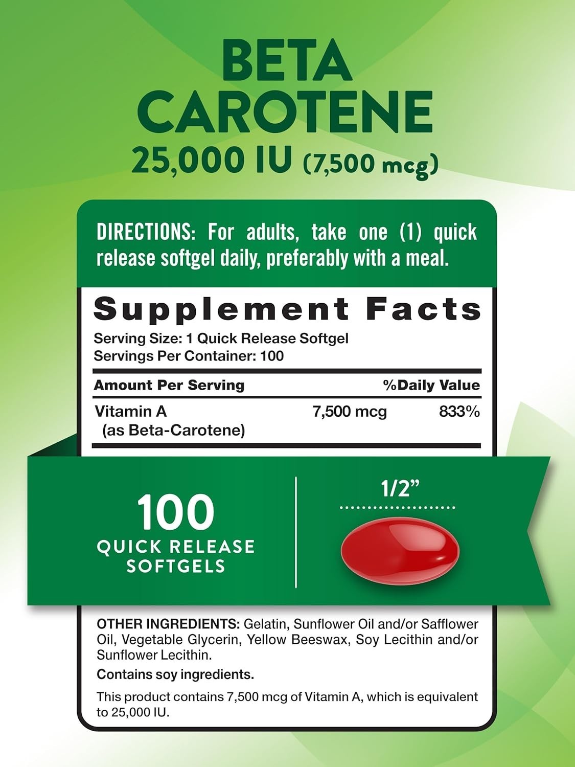 100 Count Beta Carotene 25000 IU Softgels: Essential Vitamin A for Eye & Skin