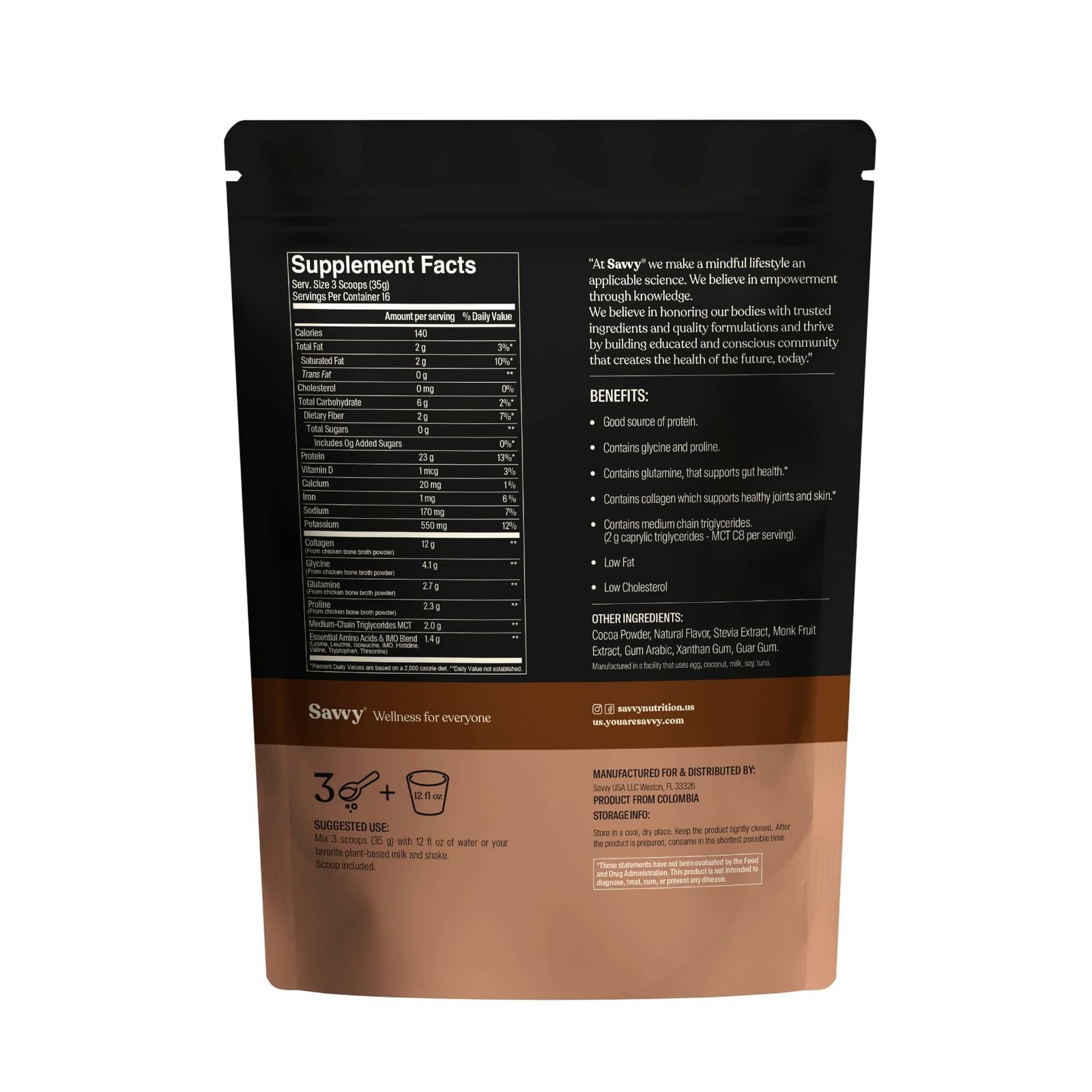 SAVVY Bone Broth Power Chocolate Protein Powder, 23g Protein, 12g Collagen G…