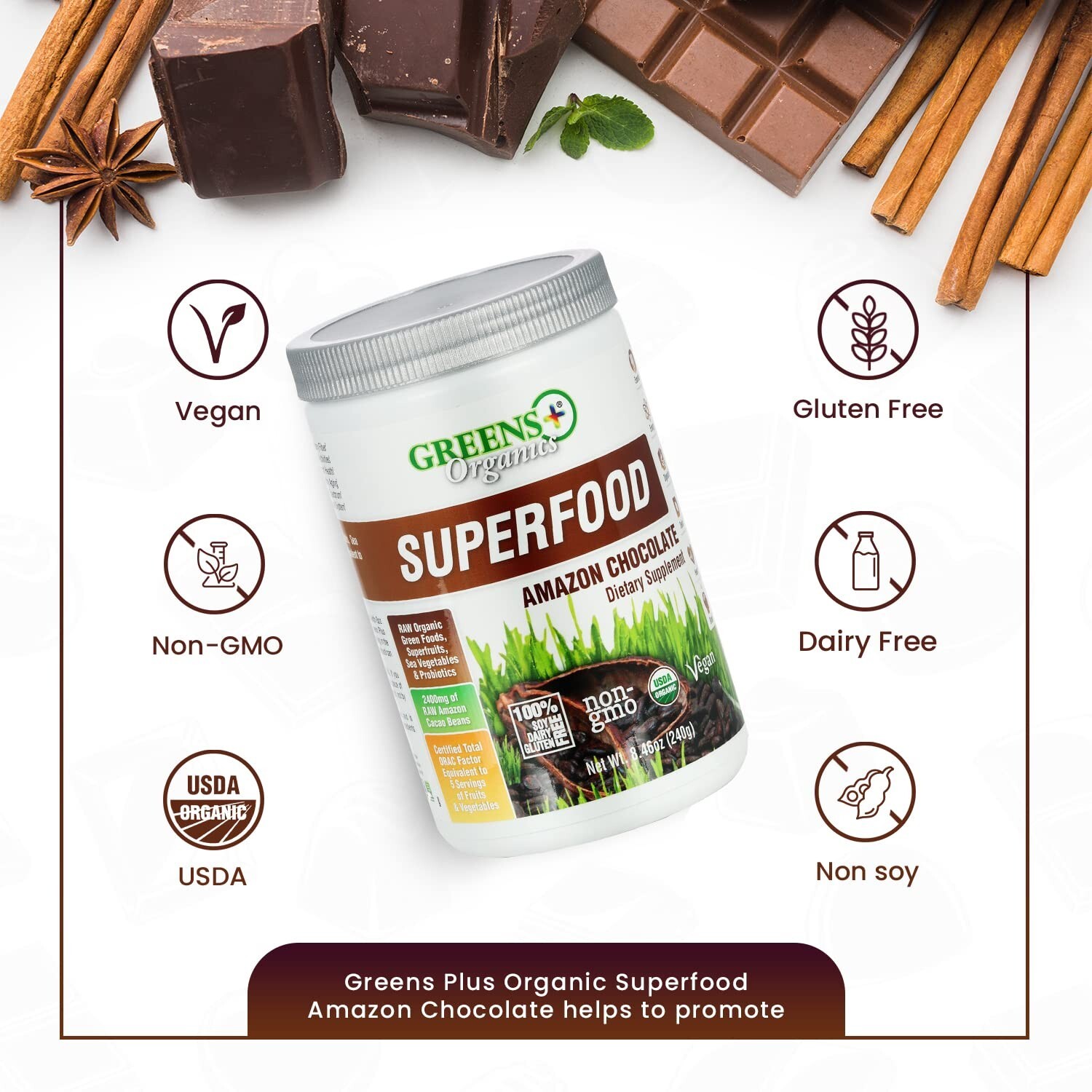 Greens Plus Organic Superfood Amazon Chocolate | Vegan Greens Powder | 8.46 Oz