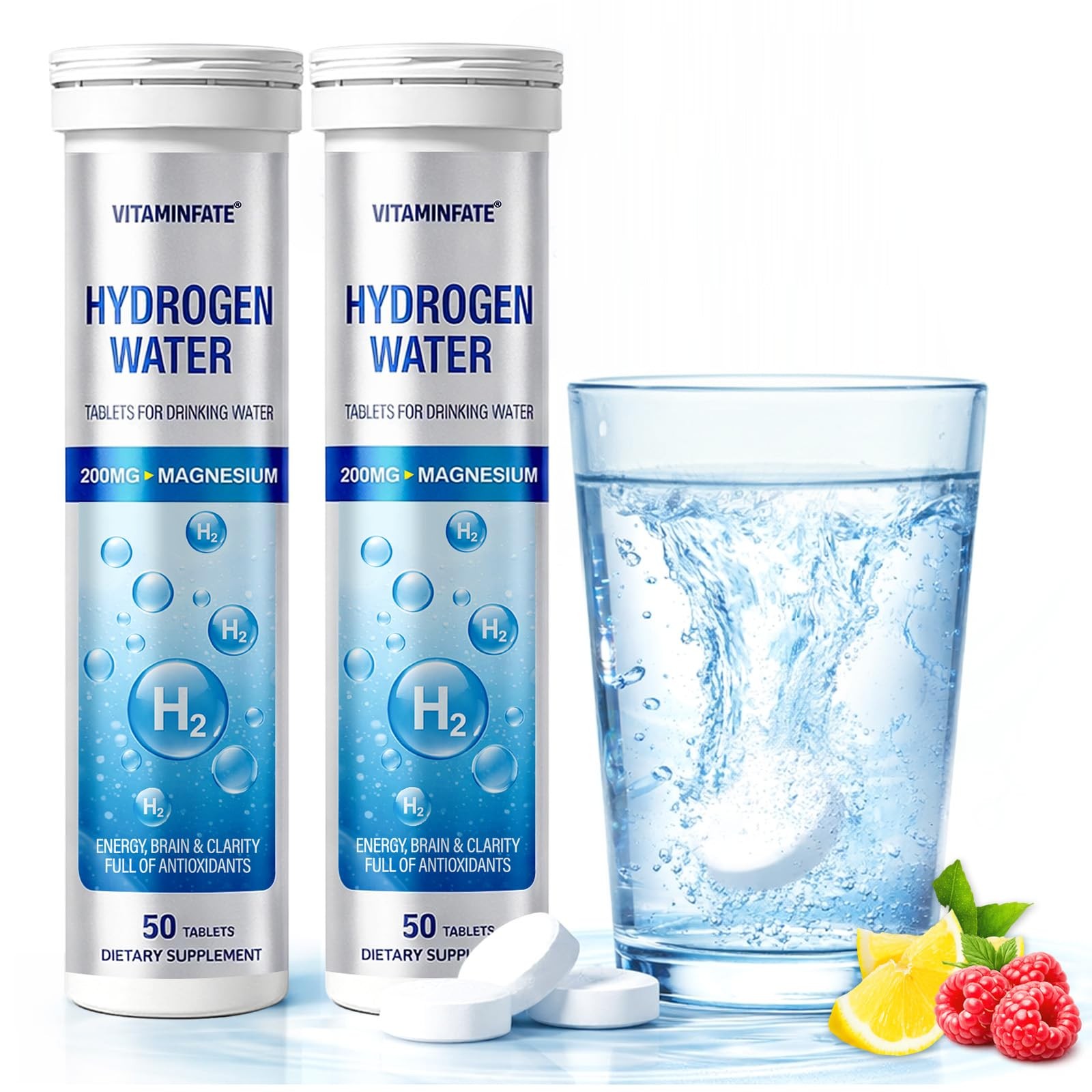 Hydrogen Water Tablets with Magnesium, 100 ct, Energy & Brain, Lemon & Raspberry