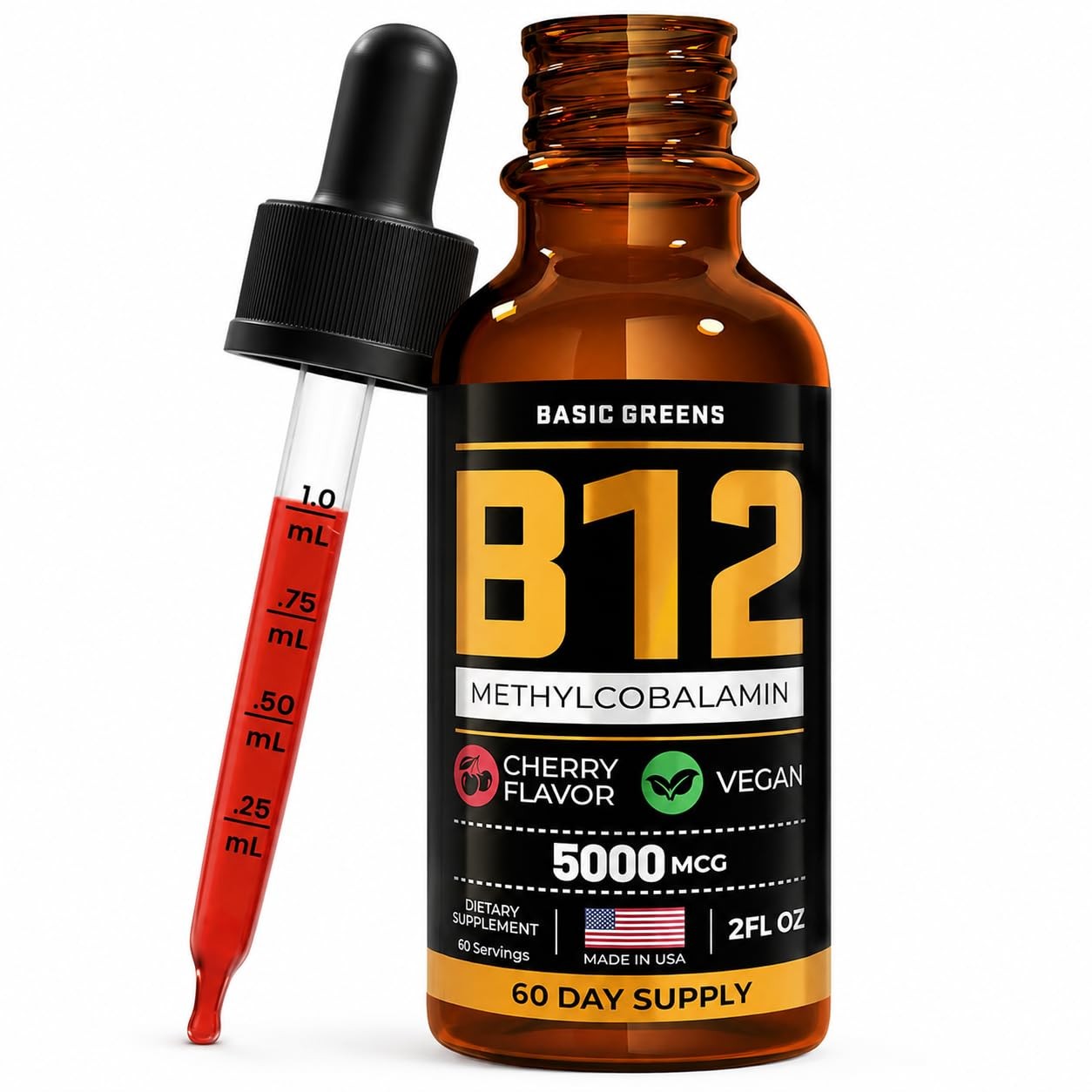 BASIC GREENS Vitamin B12 Drops 5000 mcg Methylcobalamin, Liquid Sublingual B1…