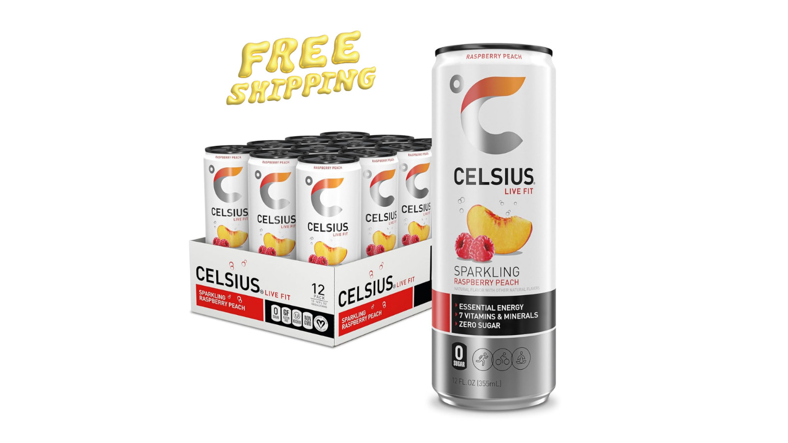 CELSIUS Sparkling Raspberry Peach, Sugar Free Energy Drink, 12 Fl Oz (Pack of 12