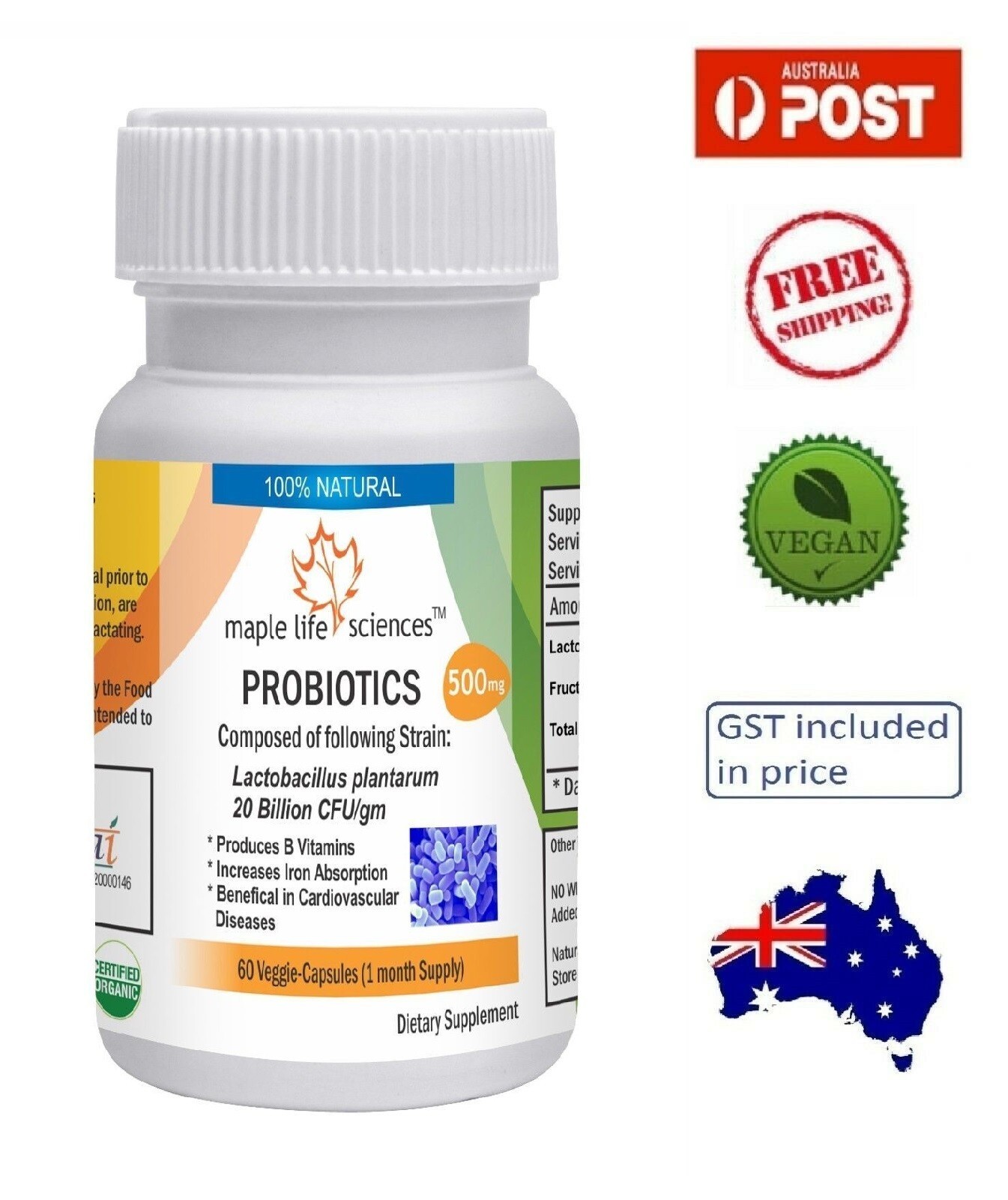 Probiotic Lactobacillus Plantarum 20 Billion CFU/gm Capsules – 500mg – AU Stock