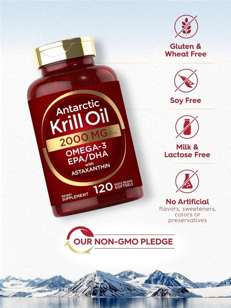 Antarctic Krill Oil 2000 mg 120 Softgels | Omega-3 EPA, DHA, with Astaxanthin