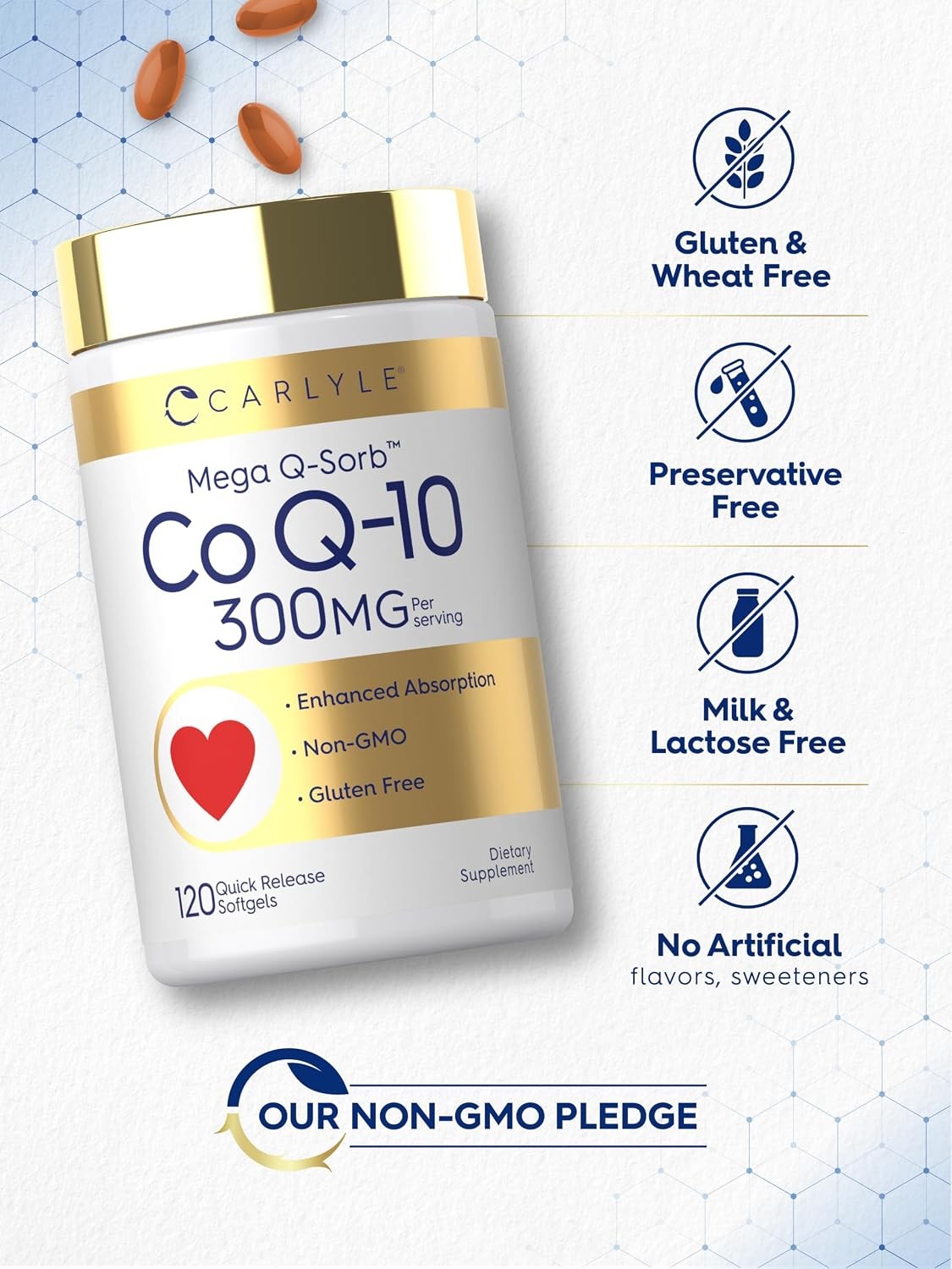 CoQ10 300mg | 120 Softgels | with Black Pepper Extract | Non-GMO | by Carlyle