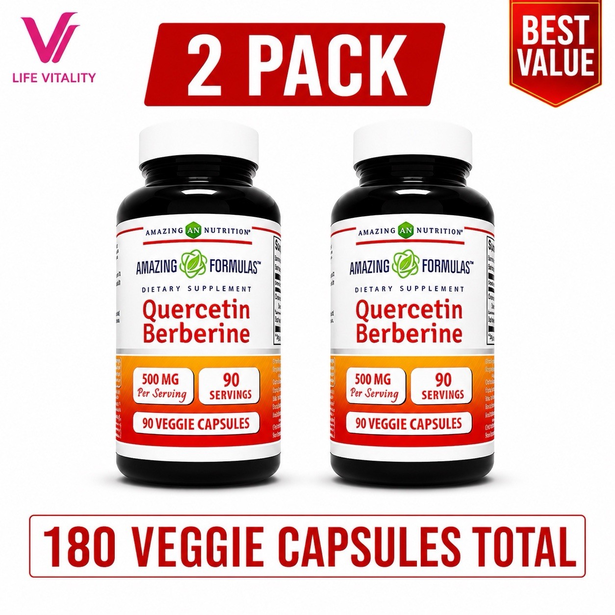 Quercetin Berberine 500mg 2 Pack 180 Veggie Capsules Antioxidant Supplement