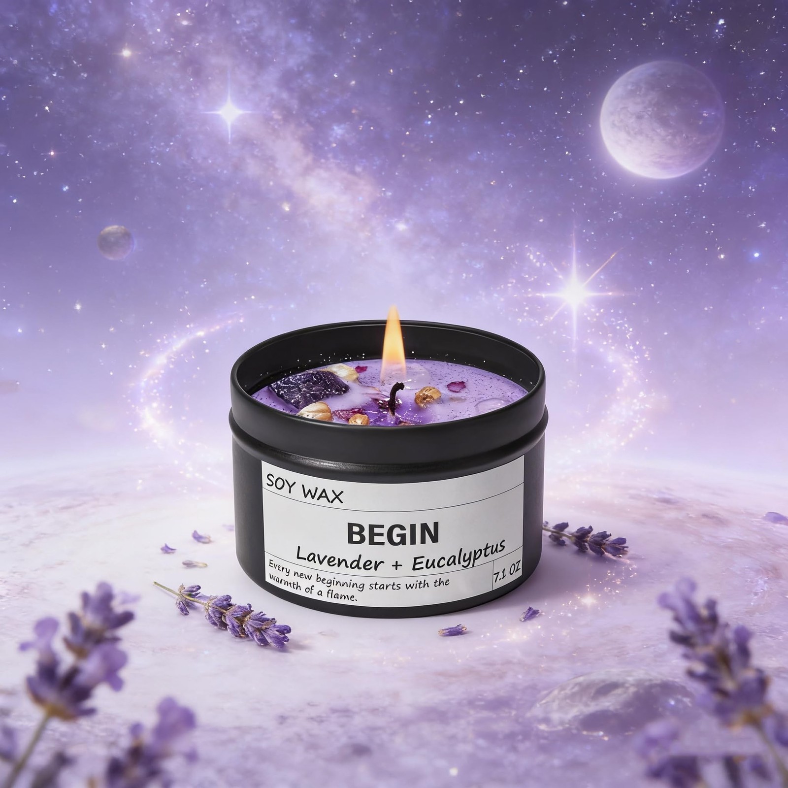 Begin New Beginnings Lavender & Eucalyptus Scented Candle, Black Jar with Pur…