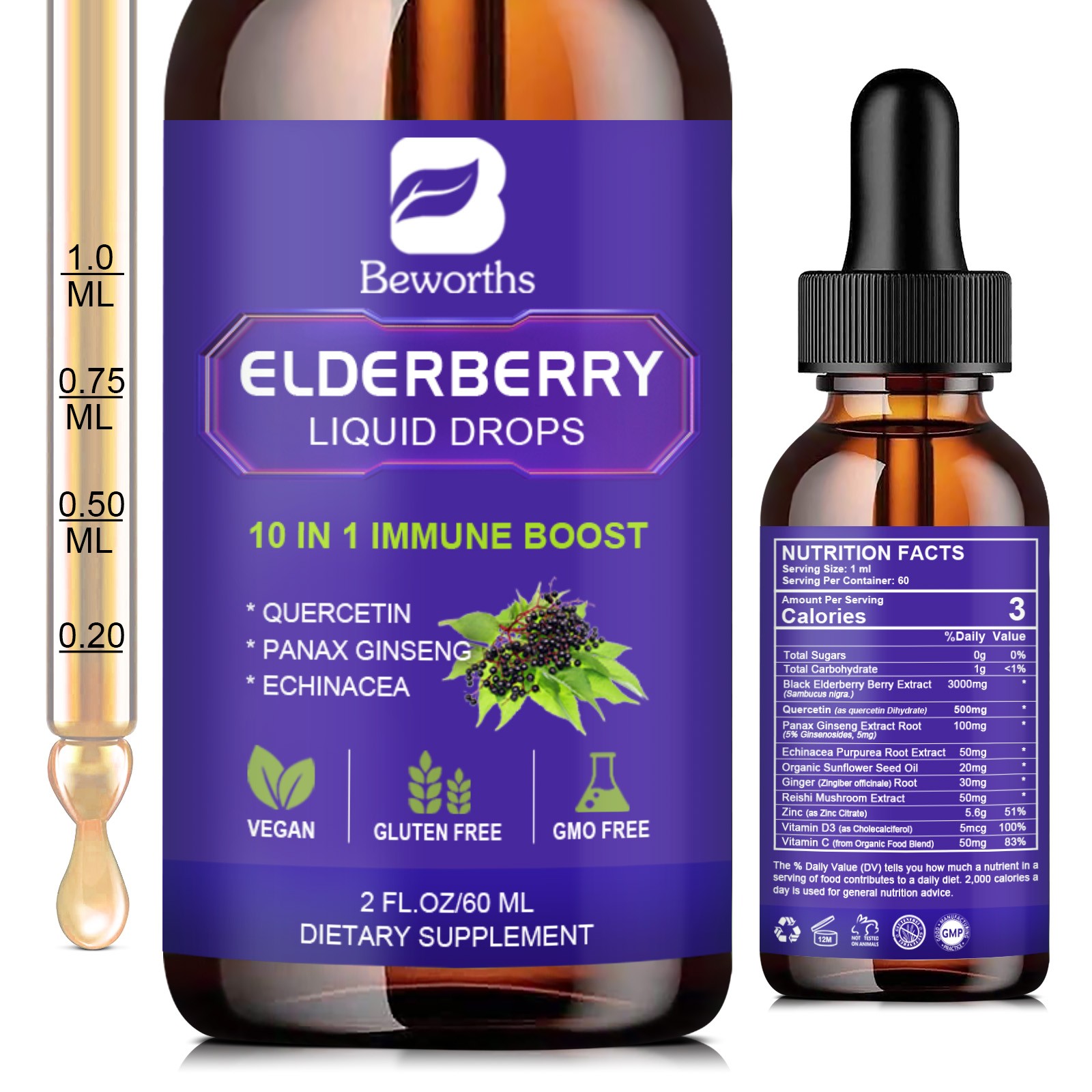 3Pack 60ml 3000mg Elderberry Extract Organic Tincture Liquid Herbal Drops 2 Floz
