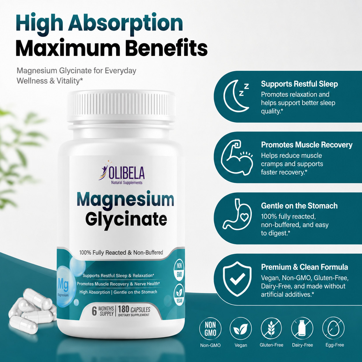 Magnesium Glycinate 500mg Chelated- Calm, Stress, Sleep, Leg Cramp – 180 Caps